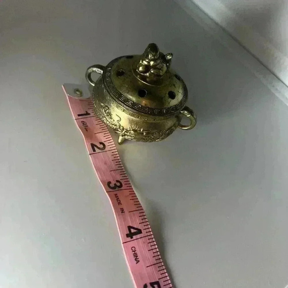 Vintage Gold Metal Incense Burner Japan Foo Dog Dragon 2” Mini Lidded Lid - Picture 8 of 8